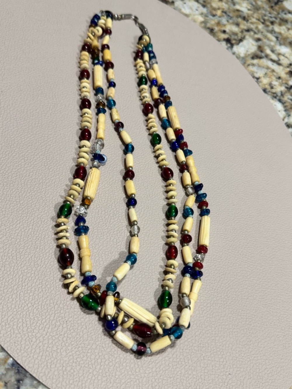 Bohemian Multi-Strand Beaded Necklace in Cream with Red, Blue & Green Accents